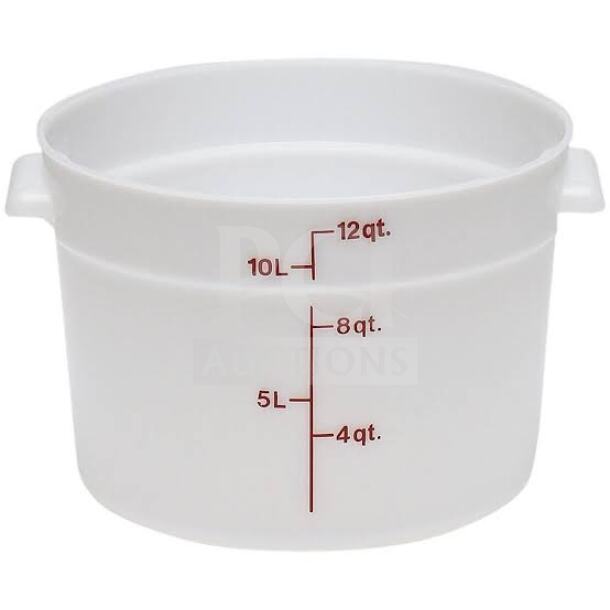 Brand new Cambro 12Qt commercial storage container, model RFS12148, natural white, marked in quarts and liters.