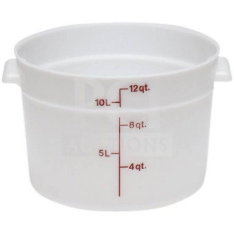 Brand new Cambro 12Qt commercial storage container, model RFS12148, natural white, marked in quarts and liters.
