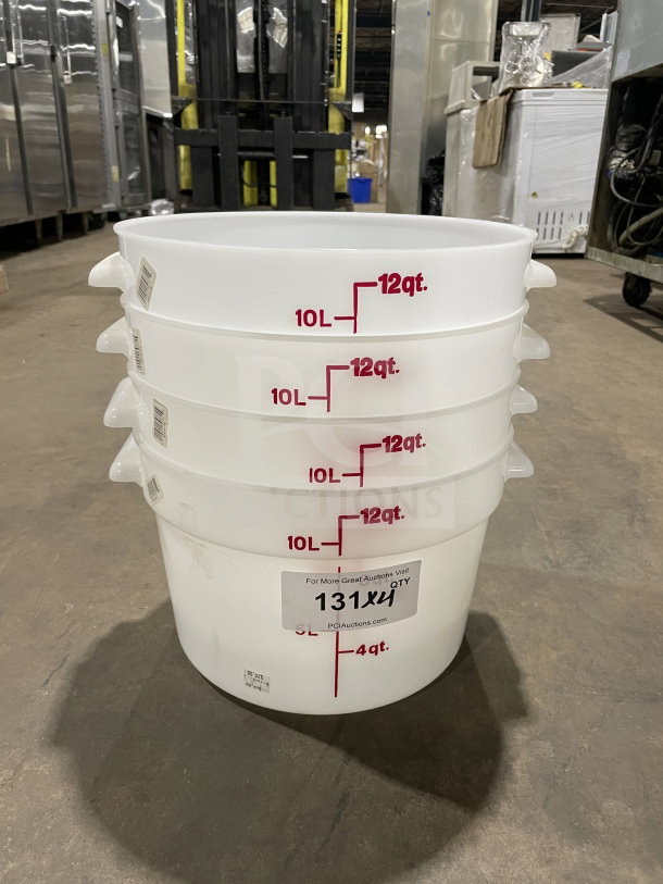 Brand new Cambro 12Qt commercial storage container, model RFS12148, natural white, stackable, with capacity markings.