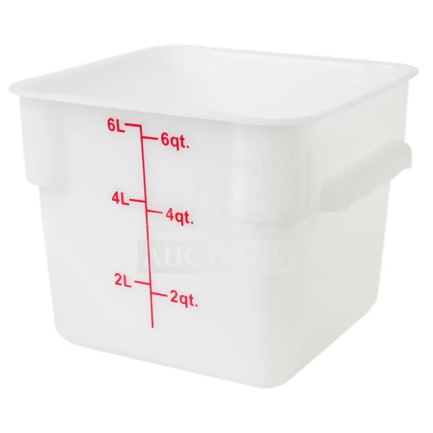 Crambro 6Qt commercial polypropylene food storage container, white square, model PLSPT000OPP, brand new.