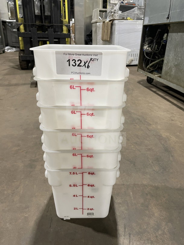 Brand new Crambro 6Qt commercial white polypropylene food storage container, model PLSPT000OPP, with measurements marked.