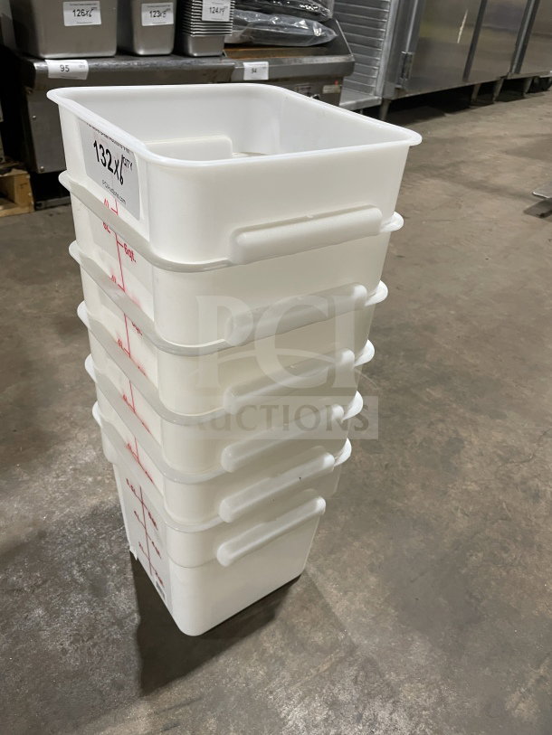 BRAND NEW Crambro 6Qt Commercial Polypropylene White Storage Containers, Model PLSPT000OPP, Stack of Six, Condition: Excellent.