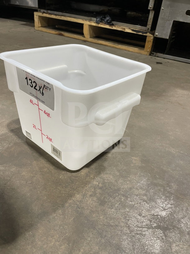 Brand new Crambro 6Qt commercial white square polypropylene food storage container, Model PLSPT000OPP, with volume markings.