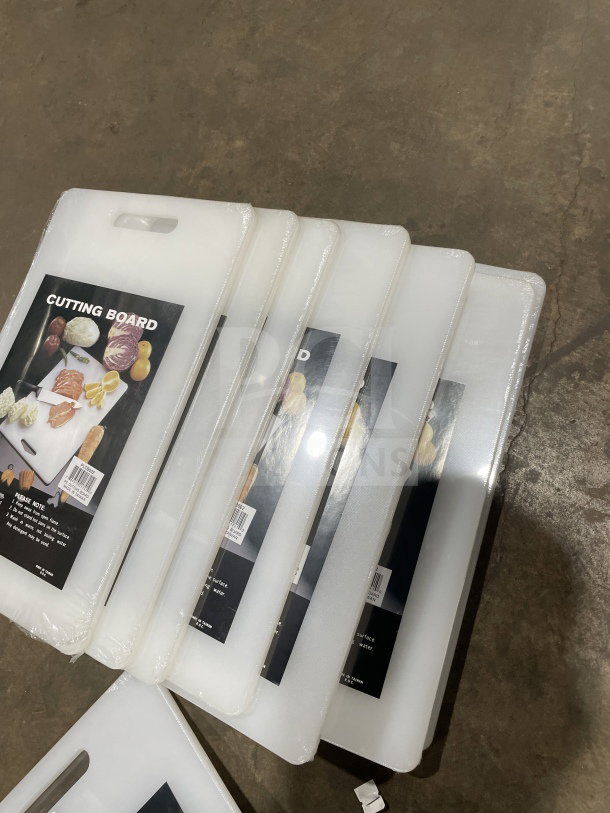 Brand new Thunder Group PLCB002 white non-skid cutting boards with handle holes, intact packaging, set of five.