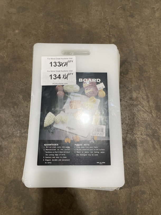 Brand new Thunder Group PLCB002 white non-skid cutting board with handle hole, labeled features include durability and sanitation.