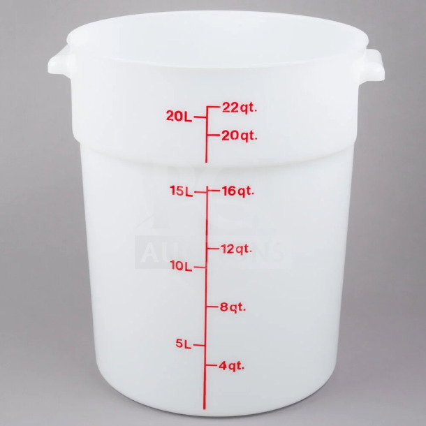 Brand new Cambro 22Qt white polypropylene food storage container, model RFSS148, with measurement markings and two handles.