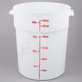 Brand new Cambro 22Qt white polypropylene food storage container, model RFSS148, with measurement markings and two handles.