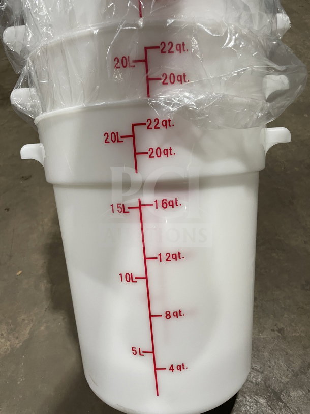 Brand new Cambro 22Qt commercial white polypropylene food storage container, model RFSS148, with measurement markings and handles.