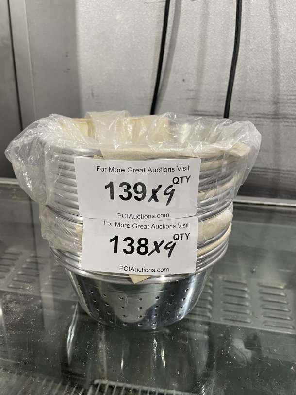 Brand new 1/3" aluminum colander, commercial-grade, in pristine condition. Includes 9 units, wrapped in plastic.