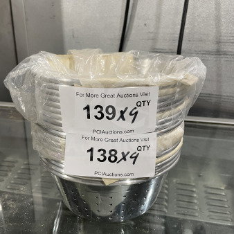 Brand new commercial aluminum colander, 1/3 size, packaged in plastic. Includes 9 units per bid. Labels show auction info.