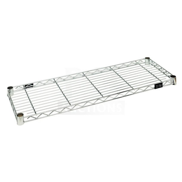 Brand new Quantum 12x36" chrome wire shelf, model 1236C. Durable food service design, includes 4 pieces in box.