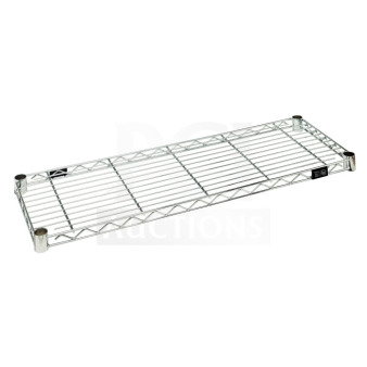 Brand new Quantum 12x36" chrome wire shelf, model 1236C. Durable food service design, includes 4 pieces in box.