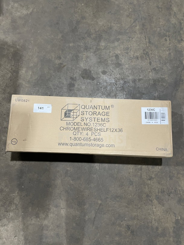 Box displaying new Quantum Model 1236C 12x36" chrome wire shelf. Includes 4 pieces. Serial No. 6515888016923.