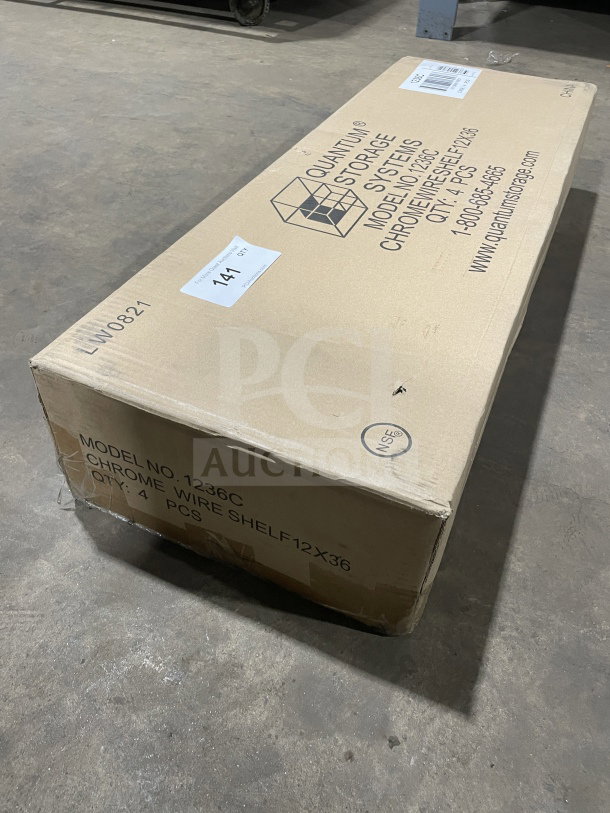 Brand new Quantum 12x36" chrome wire shelf, model 1236C. Includes 4 pieces. Box labeled with model, quantity, serial number.