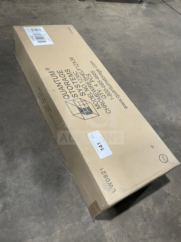 Boxed Quantum 12x36" chrome wire shelf, model 1236C, new condition, 4 pieces included.