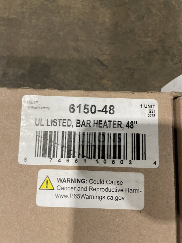 Nemco 48" stainless steel infrared warmer, model 61580-48, new in box with UL listing and P65 warning label.