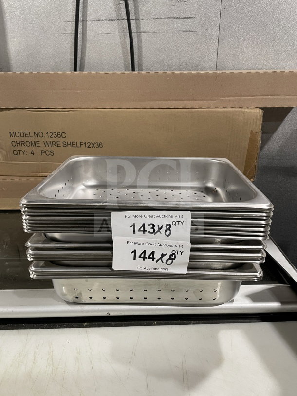 Winco SPHP2 Commercial Stainless Steel 2-1/2” Perforated Steam Pans, new condition, stack of eight pans.