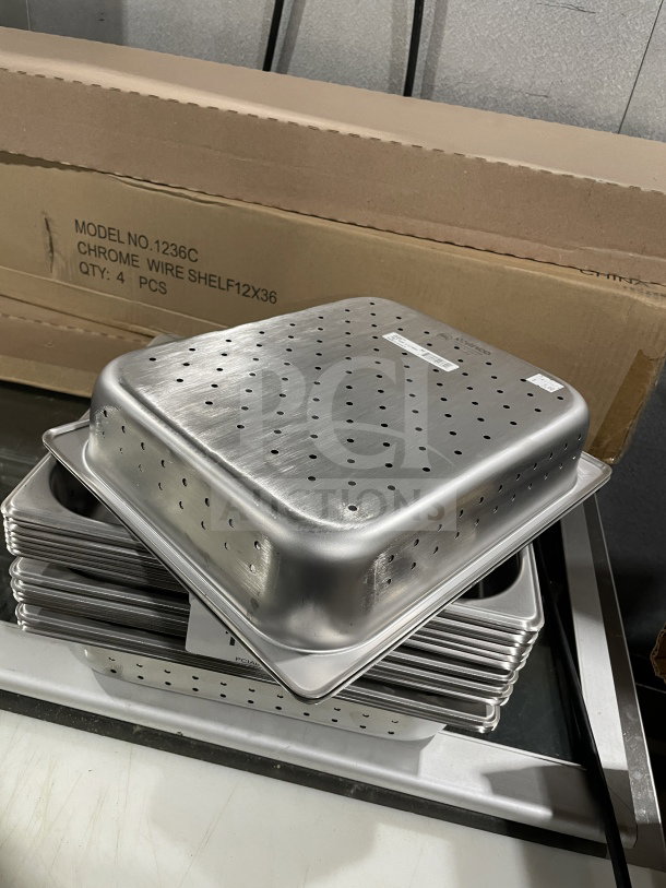 Winco SPHP2 stainless steel perforated steam pan, new condition, stacked, visible product label with SN: 81294400769.
