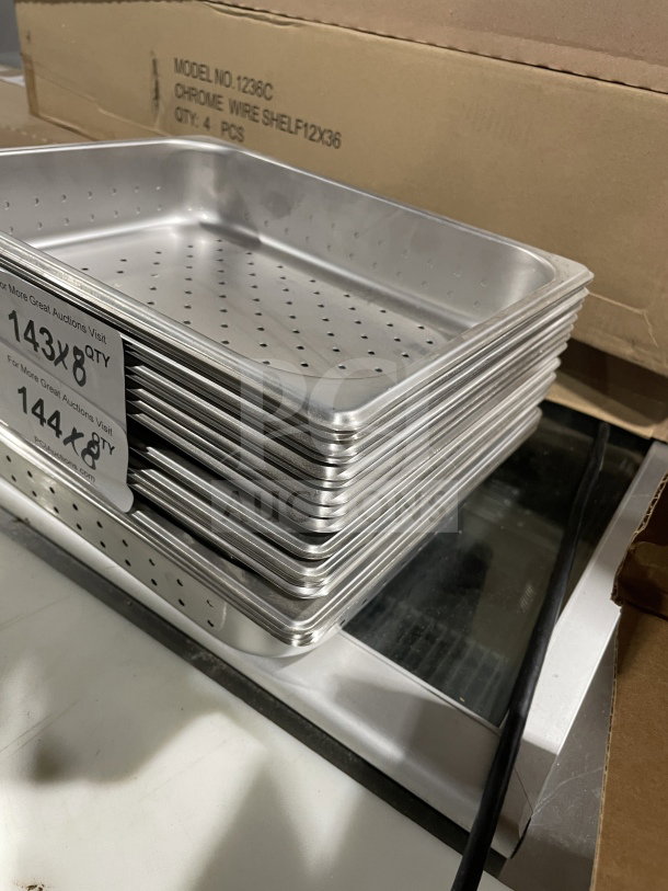 Winco SPHP2 stainless steel perforated steam pans, new condition. Stack of pans on display. Model and serial numbers visible.