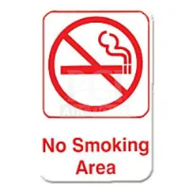 NEW Thunder Group 9x6" No Smoking Area Sign, Model PLIS6905RD. Red symbol and text on white background.