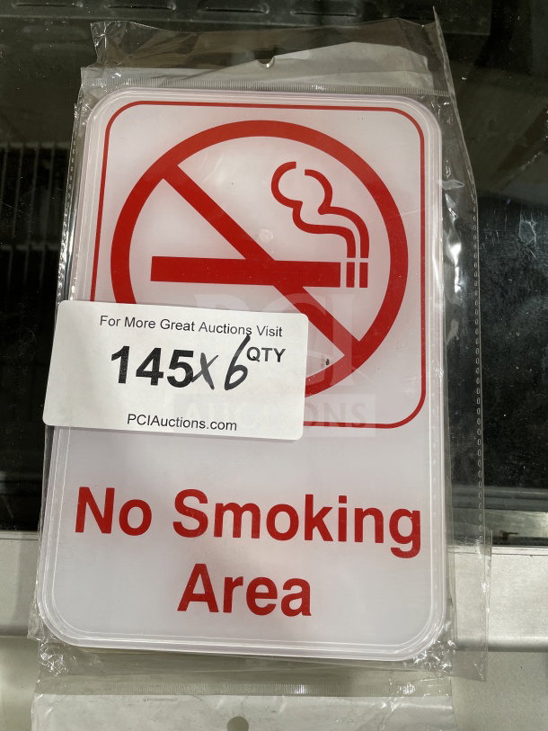 Thunder Group PLIS6905RD 9x6" No Smoking Area sign, new condition, red text on white background, packaged in plastic.