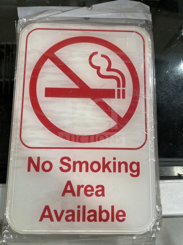 Thunder Group No Smoking Area sign, model PLIS6905RD, 9x6 inches, new condition, with red "No Smoking Area Available" text.