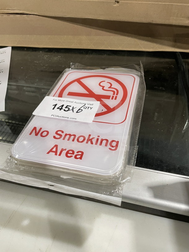 NEW Thunder Group Commercial 9x6" No Smoking Area Sign, Model PLIS6905RD, sealed in packaging.