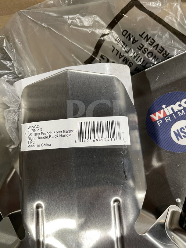 Winco Prime Series stainless steel French fryer bagger, model 1236C, with right black handle. New condition, labeled.