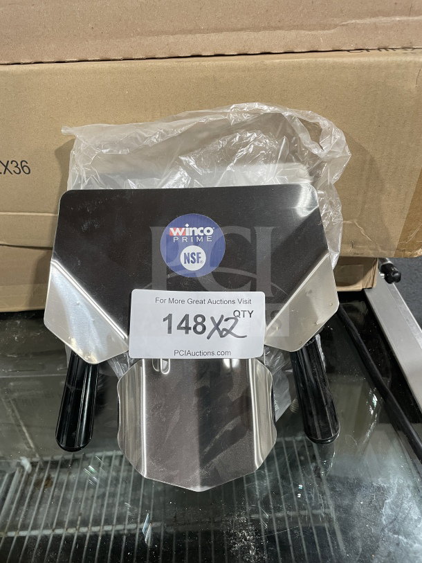 Winco Prime Series stainless steel French fryer bagger, dual handle, model FFBN-2, new condition with NSF sticker.