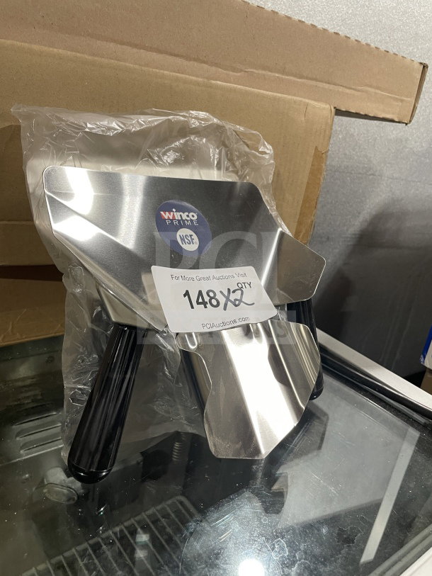 Winco Prime Series stainless steel French fryer bagger, model FFBN-2, new condition, dual handles, NSF certified.