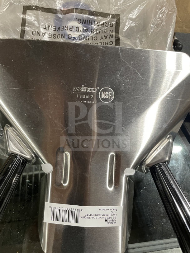 Winco FFBN-2 stainless steel french fryer bagger with dual handles, new condition, NSF certified, model and serial numbers visible.