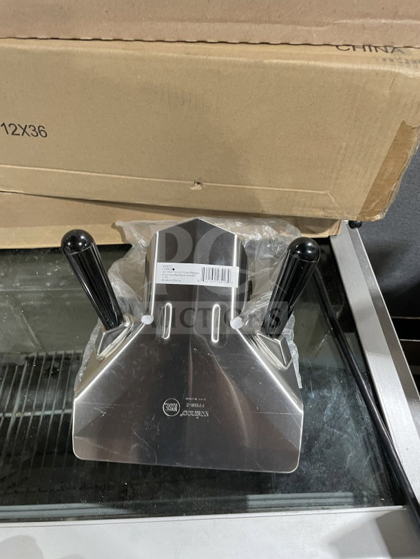 Winco FFBN-2 Commercial Stainless Steel French Fryer Bagger with dual handles, new condition, model and serial number visible.