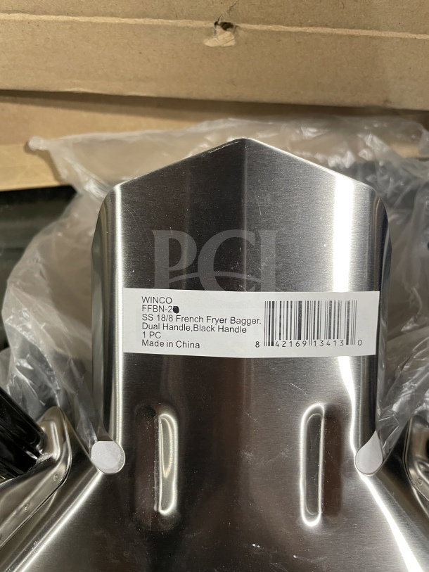 Winco FFBN-2 French fryer bagger, stainless steel, dual handle, new condition, model label visible, Made in China.