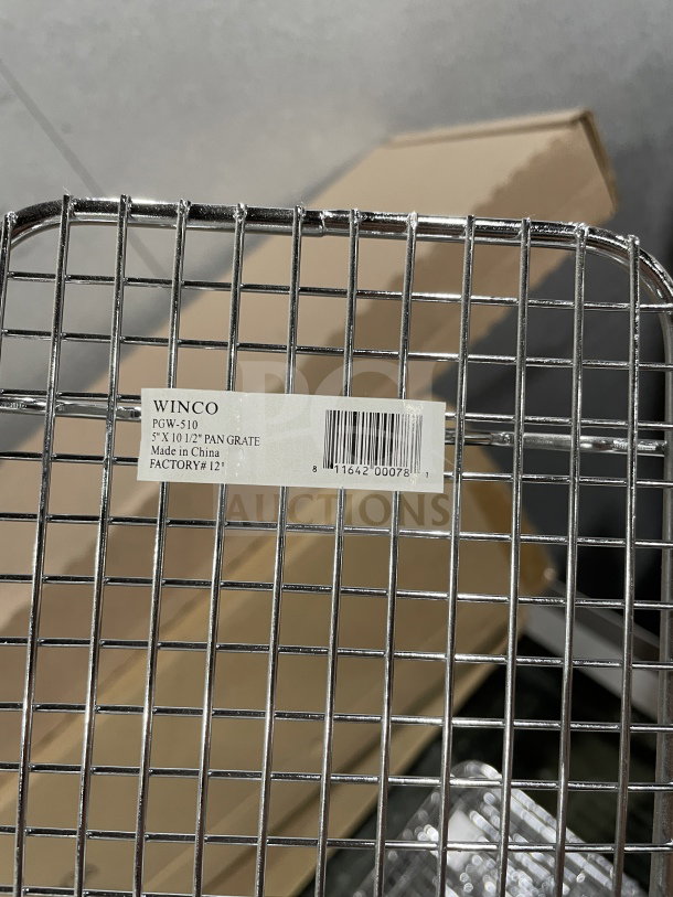 Winco PGW510 chrome pan grate, 5x10.5 inches, new condition. Label shows serial number and factory details.