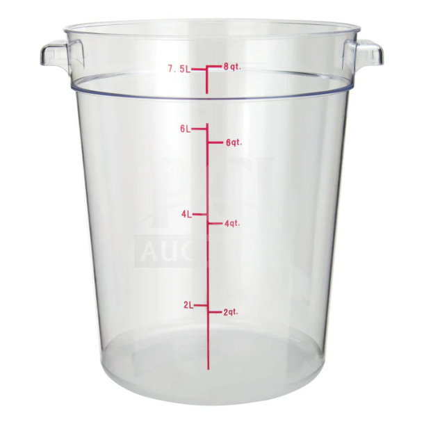 Winco PCRC8 8Qt clear polycarbonate round storage container, new, with red measurement markings.