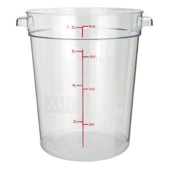 Winco PCRC8 8Qt clear polycarbonate round storage container, new, with red measurement markings.
