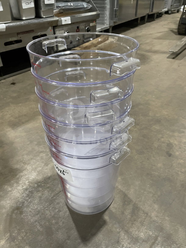 Winco Commercial 8Qt clear polycarbonate round storage containers, Model PCRC8, new condition, stack of six.