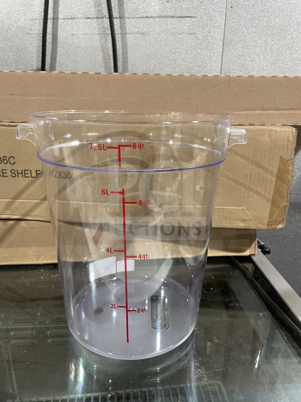 New Winco 8Qt clear polycarbonate round storage container, model PCRC8, with volume markings, in pristine condition.