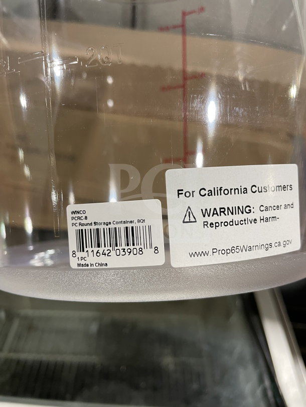 Winco 8Qt clear polycarbonate round storage container, model PCRC-8, new condition, with barcode and warning label visible.