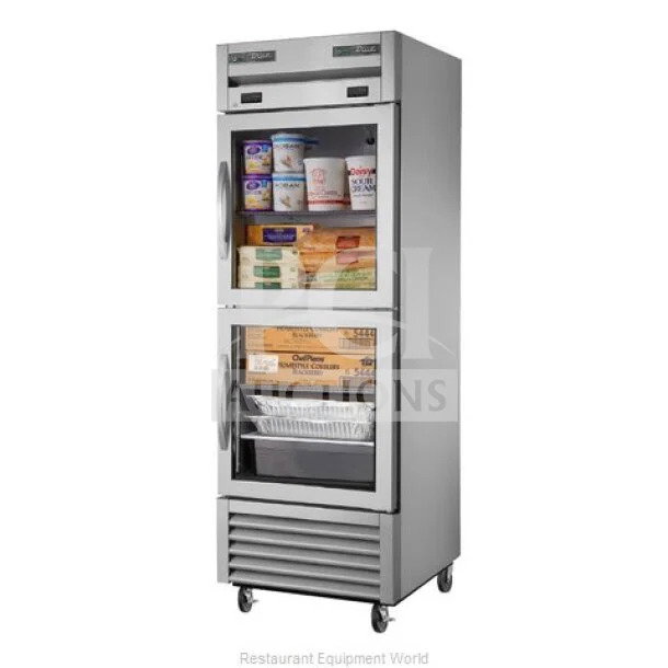 "Brand new True 23DTGHCFGD01 commercial stainless steel reach-in refrigerator/freezer, 2 glass half doors, 115V, electric."