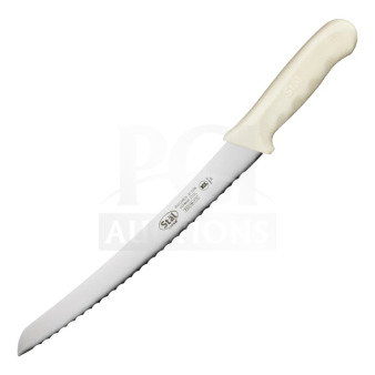 Brand new Winco Stal Series bread knife, model KWP-91, with curved serrated blade and white polypropylene handle.