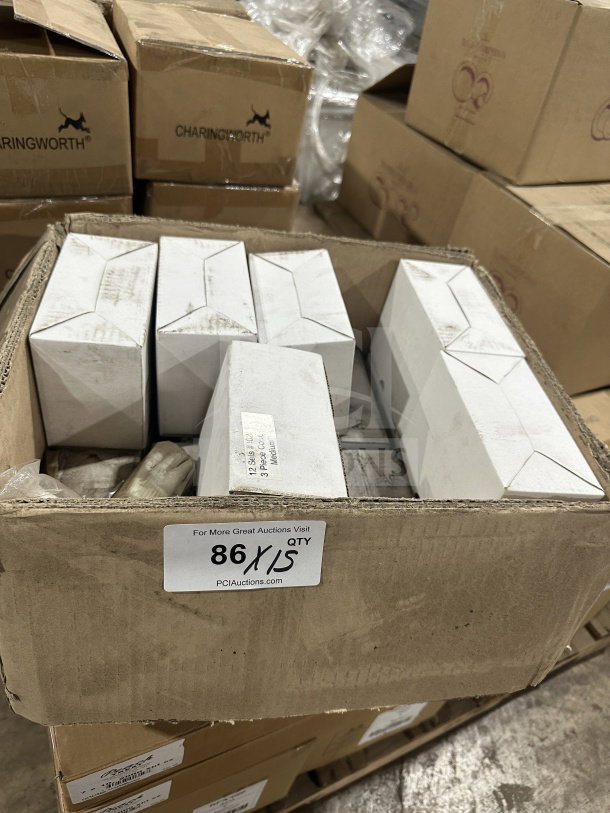 New commercial white plastic medium couplers, 2 per set, 15 sets. Box label indicates quantity of 86x15.
