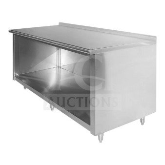 Stainless steel open front cabinet work table with backsplash, Volrath EF-SS-248, model 61147, new condition, on legs.