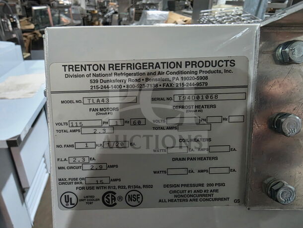 Trenton Refrigeration unit label for model TLA43, listing specs like 115V, 2.3 amps, and serial T94D01068.