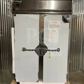 NEW Continental Commercial stainless steel 2-door reach-in refrigerator, model 2RN. Includes poly-coated wire rack, door locks with keys, 115V 1 phase, and casters. Serial number 16223951.