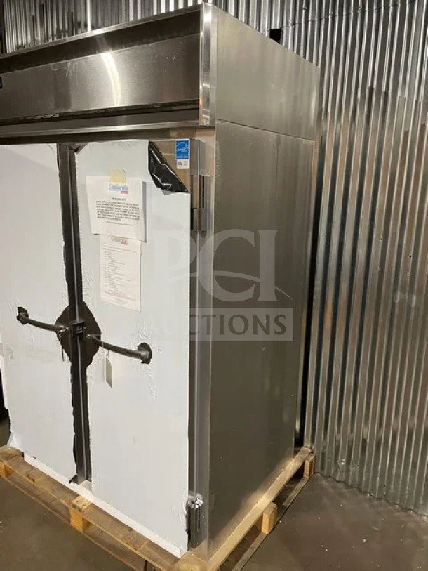 NEW Continental Commercial 2 Door Stainless Steel Refrigerator, Model 2RN, with poly coated wire rack, door locks, and casters.