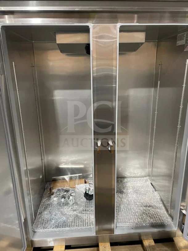 NEW Continental Commercial Stainless Steel 2 Door Refrigerator, Model 2RN, includes poly-coated wire rack, door locks, keys, casters.