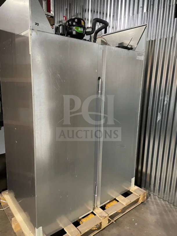 NEW Continental Commercial stainless steel 2-door reach-in refrigerator, model 2RN, with wire rack, door locks, keys, and casters.