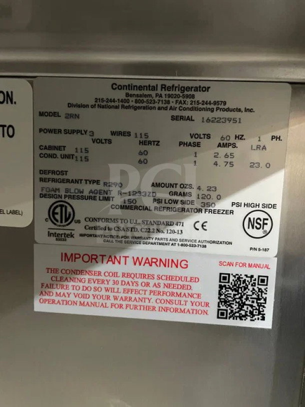 NEW Continental Commercial Stainless Steel 2 Door Refrigerator, Model 2RN, poly coated wire rack, door locks, casters, 115V.