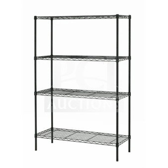 NEW Quantum commercial wired shelf, carbon steel, black, 24x72", four-tier, sturdy, ideal for storage, mint condition.